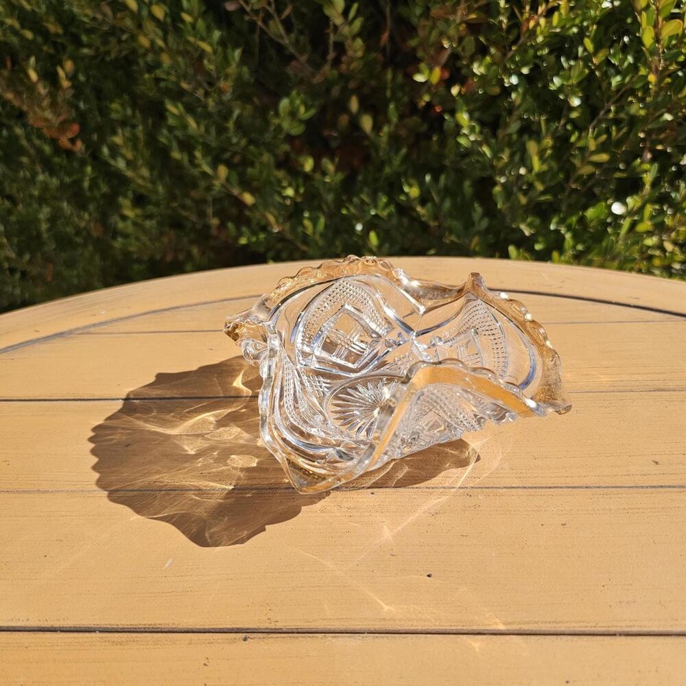 Vintage EAPG Cut Glass Fluted Edge Sawtooth Edge Bowl with Gold Gilded Edges